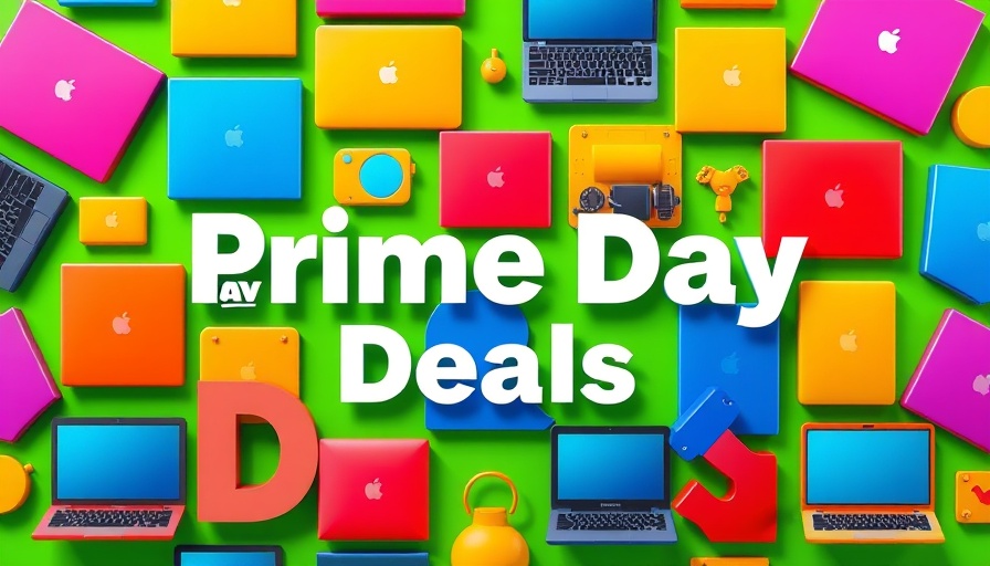 Colorful laptops advertising Prime Day action camera deals.