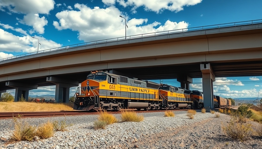 Union Pacific freight train under a bridge representing railroad worker safety legislation.
