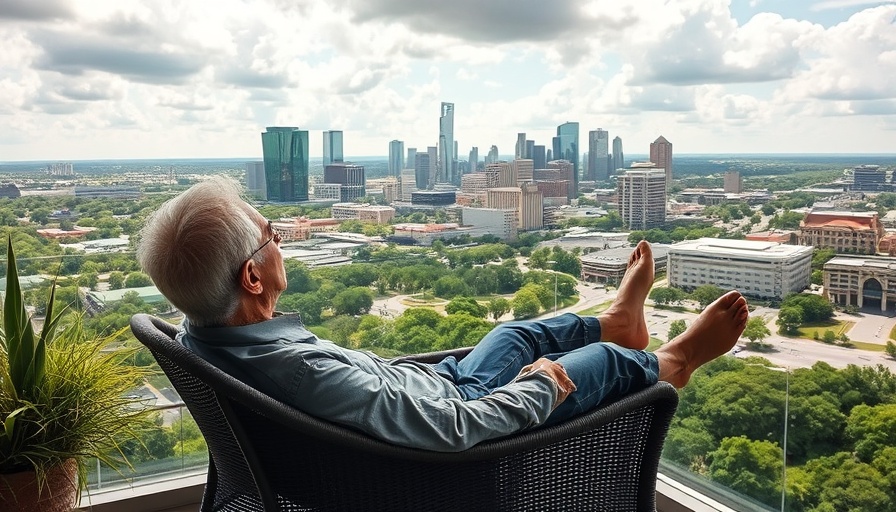 High-rise living in Fort Worth: Man relaxing on balcony with city view.