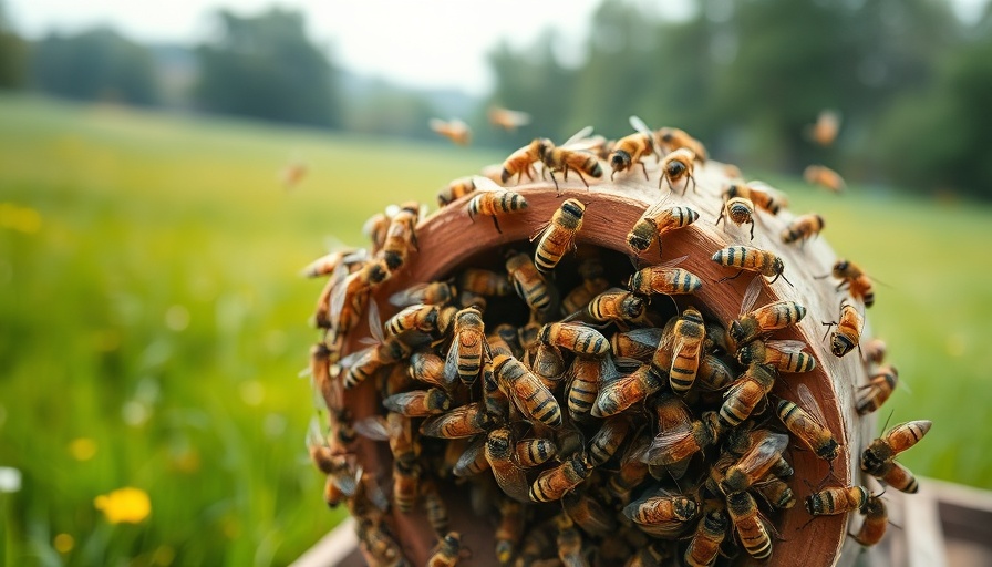 Swarm of bees near a hive in a green meadow.