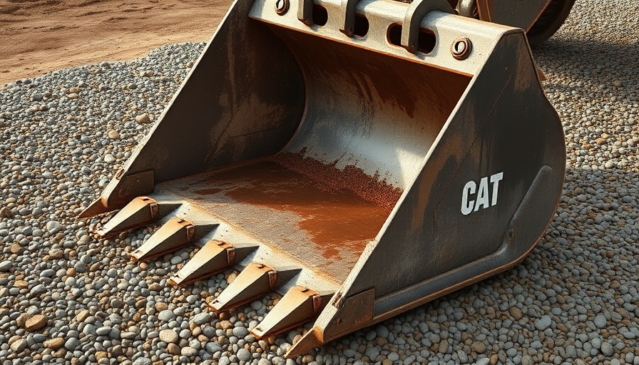 Heavy-duty bucket with Cat ground engaging tools for buckets on gravel.