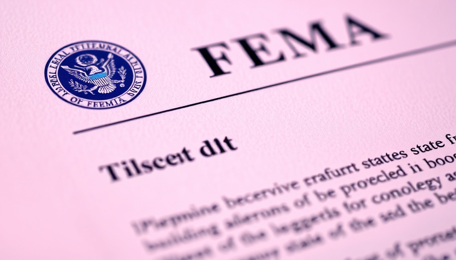 Close-up of FEMA legal document text and logo, red-blue hues.