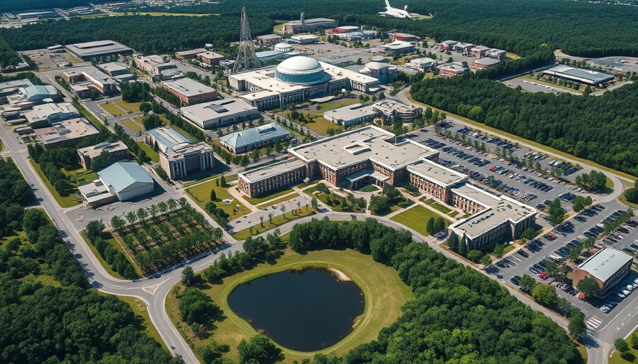 Aerial view of NASA campus surrounded by forest and parking lots, vivid lighting.