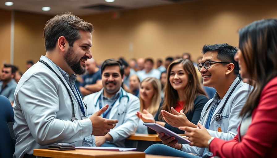 Fort Worth medical students excitedly discuss technology in a lecture hall.