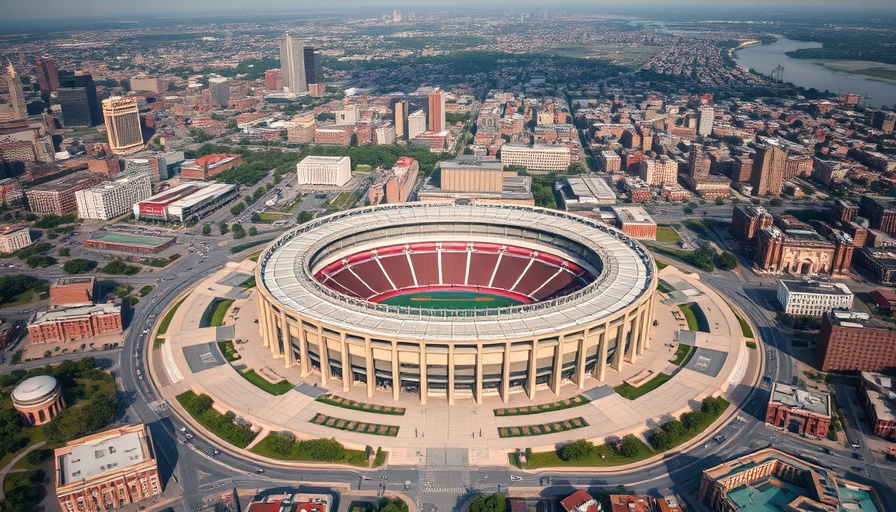 Aerial view of RFK Stadium with urban landscape, discussing finance plan.