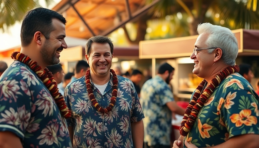 Maui Music + Food Experience: men in vibrant discussion at an outdoor festival.