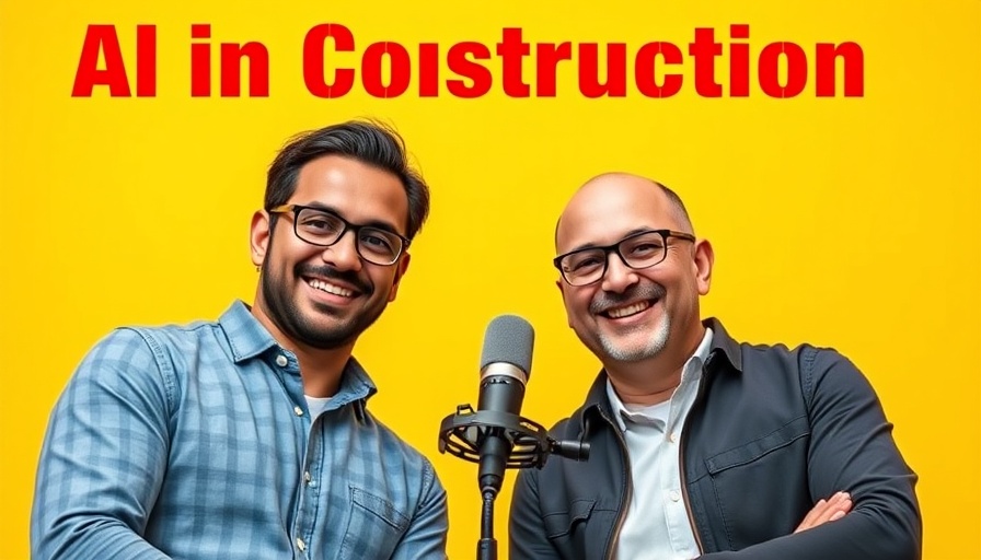 Podcast promotion on AI in construction with speakers on yellow background.
