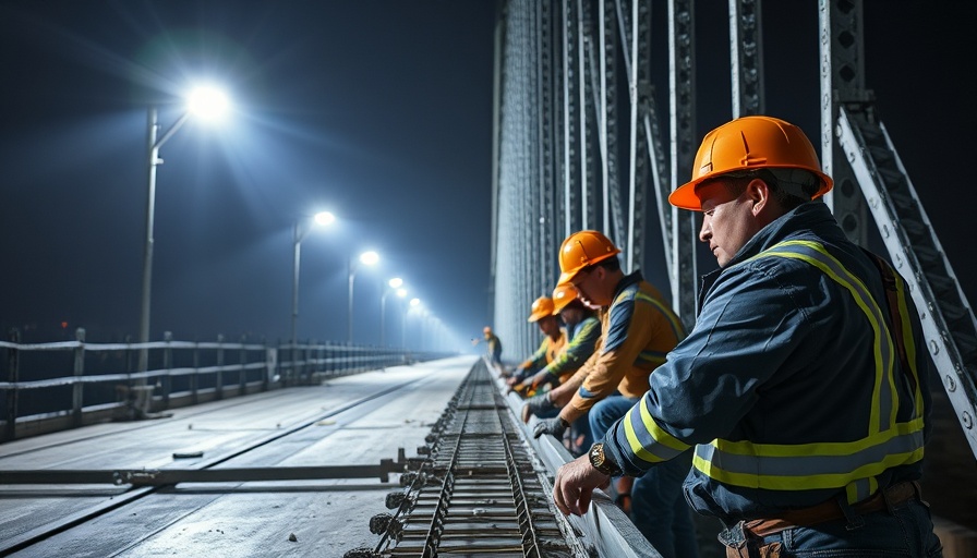 Nighttime work on Chesapeake Bay Bridge deck replacement under bright lights.