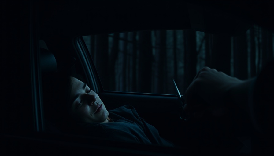 Tense scene of threat in a car, featuring scissors, for weapons horror film analysis.