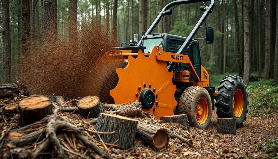 Forestry tiller shredding roots and stumps in a forest.