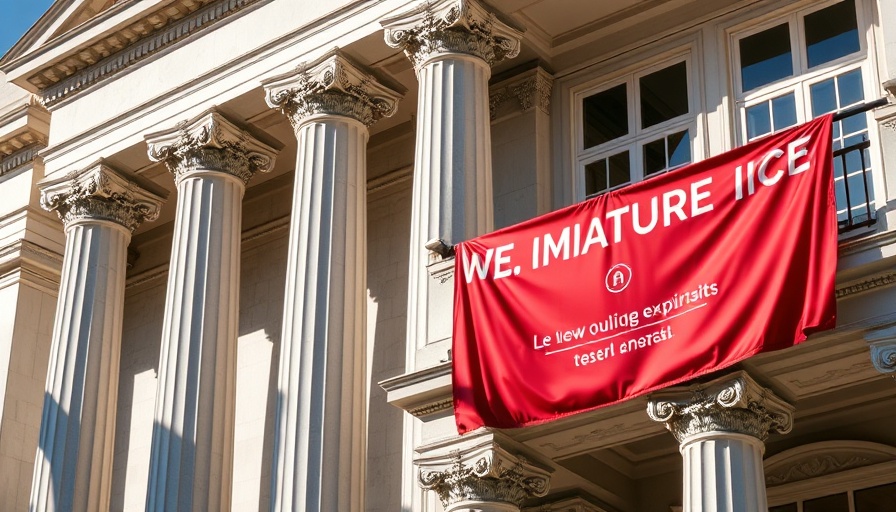 Harvard Medical School building with columns and funding cuts banner.