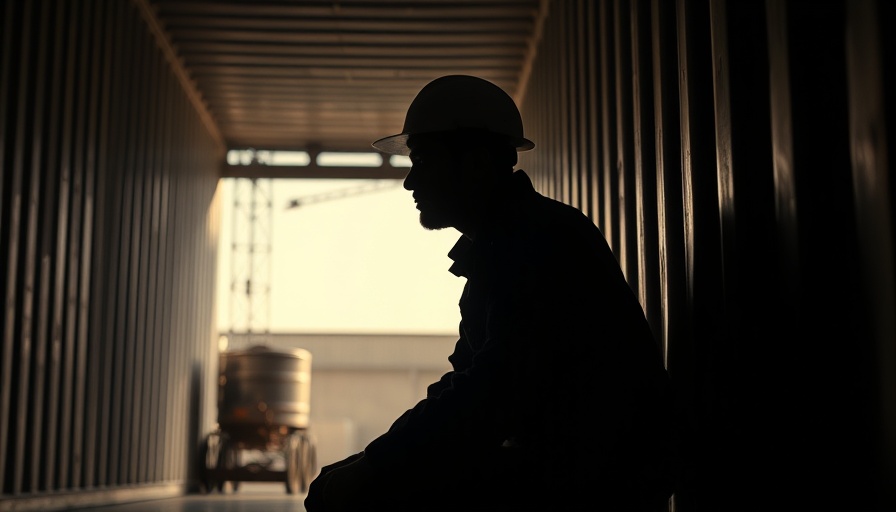 Construction worker reflecting on mental health inside a shipping container.