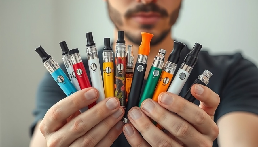 Various disposable e-cigarettes in hands, highlighting health risks.