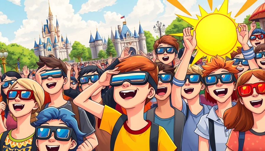 Amusement park visitors wearing eclipse glasses during solar event.