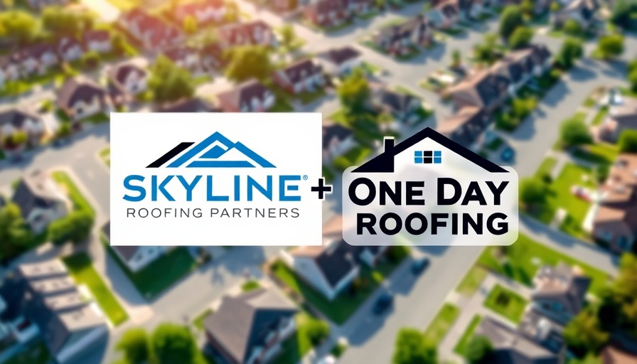 Skyline Roofing Partners acquires One Day Roofing, company logos over neighborhood aerial.
