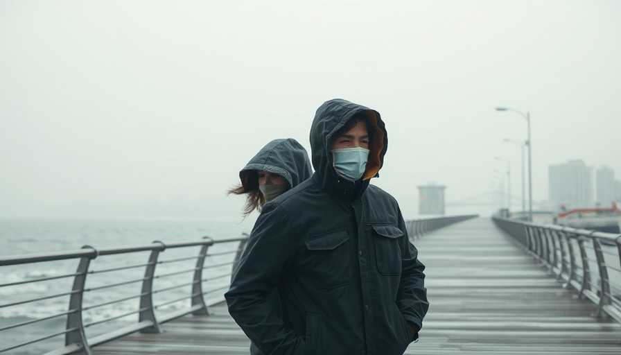 People in hooded jackets braving wind on foggy boardwalk, climate impact.