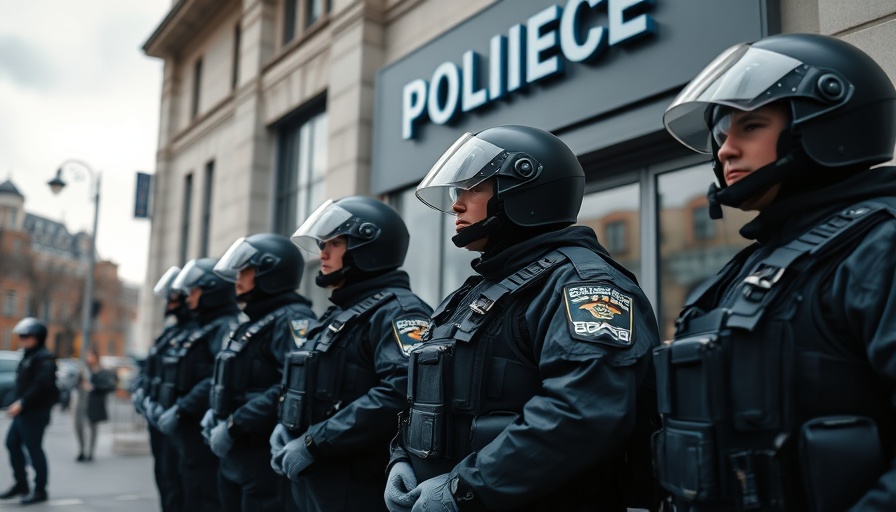 Police officers in riot gear outside Texas police headquarters highlighting records secrecy.
