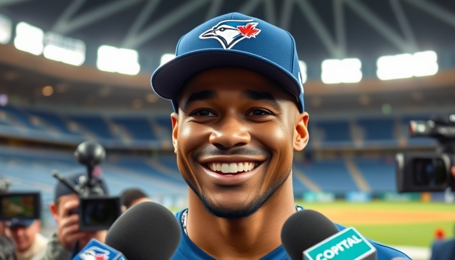 Toronto Blue Jays athlete smiling during an interview, surrounded by microphones.