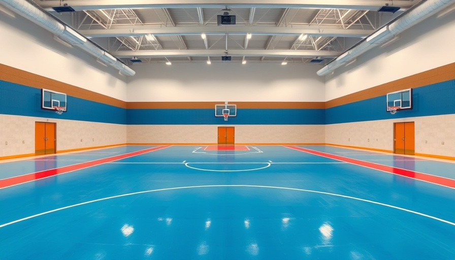 Modern gymnasium with blue flooring, ideal for educational institutions.