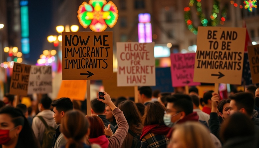 Protest signs at nighttime rally supporting immigrants amidst colorful lights.
