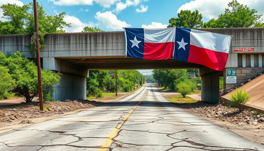 Texas GOP flood relief priorities reflected in damaged bridge with flag.