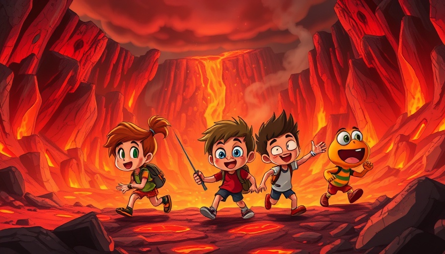 AI-generated games volcanic landscape with cartoon characters
