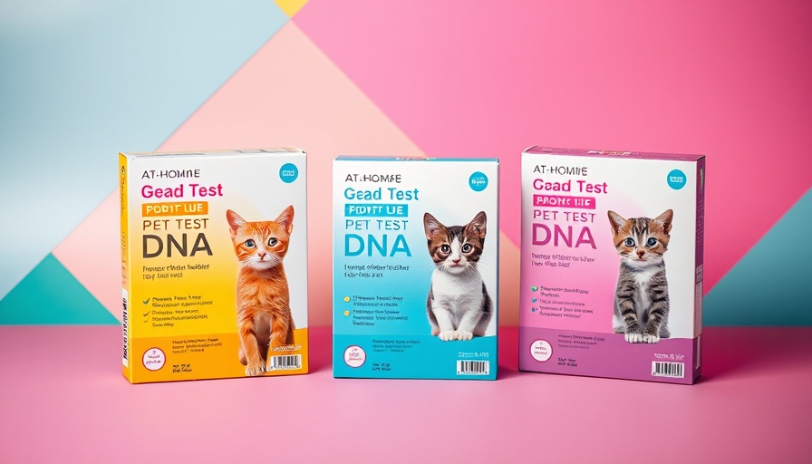 Colorful cat DNA test kit boxes on geometric background.
