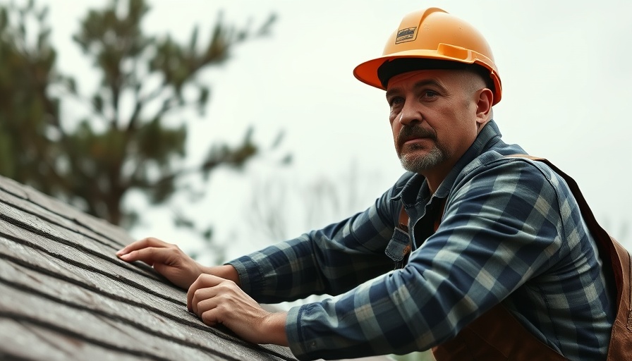 Worker fixing pole barn roof to prevent leaks, outdoors.