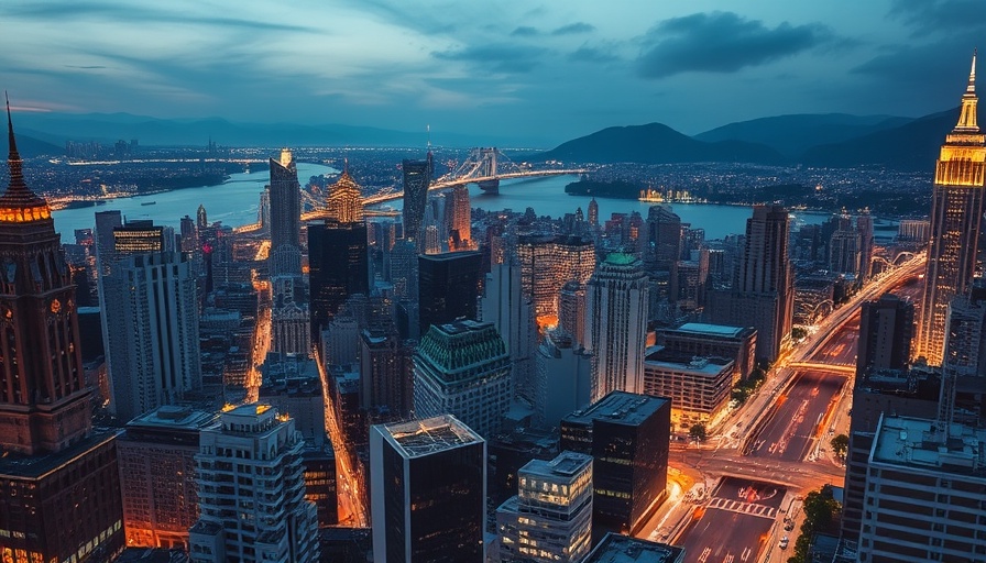 Aerial view of all-electric civic hub at dusk with city lights.