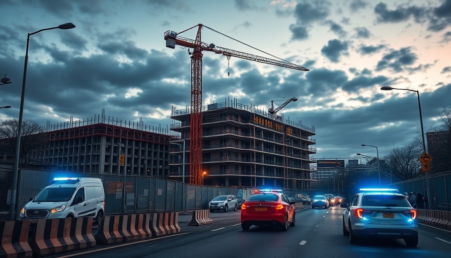 Construction zone safety with crane and police presence.