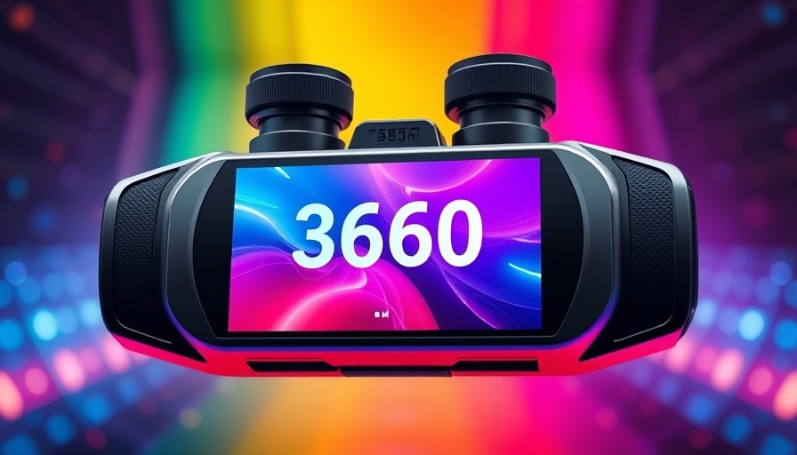Modern dual-lens 360 camera with vibrant screen on digital background.