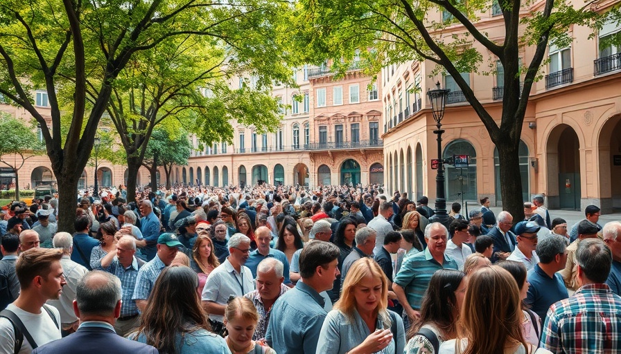 Gathering of people on International Workers Memorial Day under trees on an urban street.
