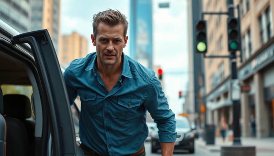 Caught Stealing film review: Man exiting van in urban setting.