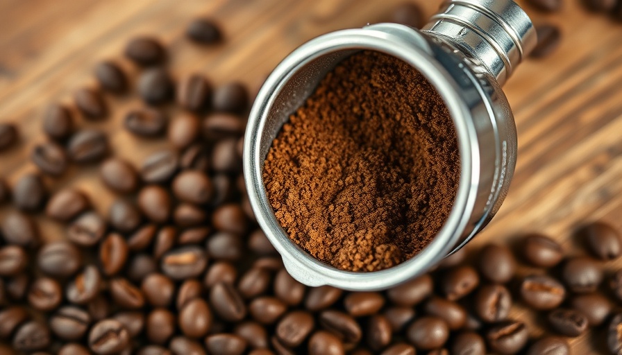 Ground light roast espresso in portafilter with coffee beans.
