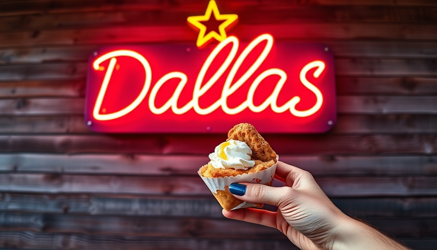 Neon Dallas sign with hand holding dessert, State Fair of Texas package