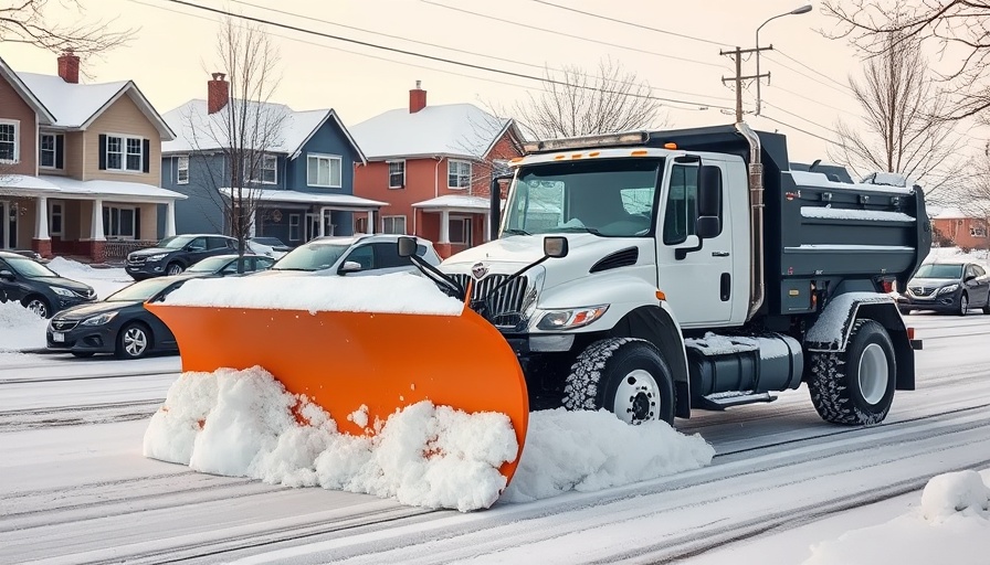 AMI Rid Plow Attachment on large snow plow clearing a snowy street.