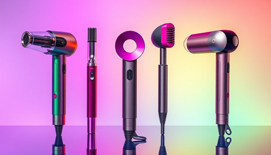 Vibrant Dyson hair tools against a colorful gradient background.
