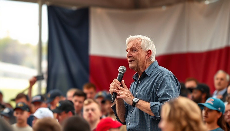 Man addresses crowd at outdoor Texas flag event in Texas Senate race.