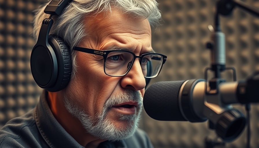 Pensive man recording podcast on executive bonuses and corporate responsibility.