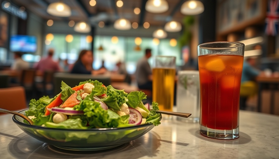 1861 Cafe Arlington table with salad and drinks in focus.