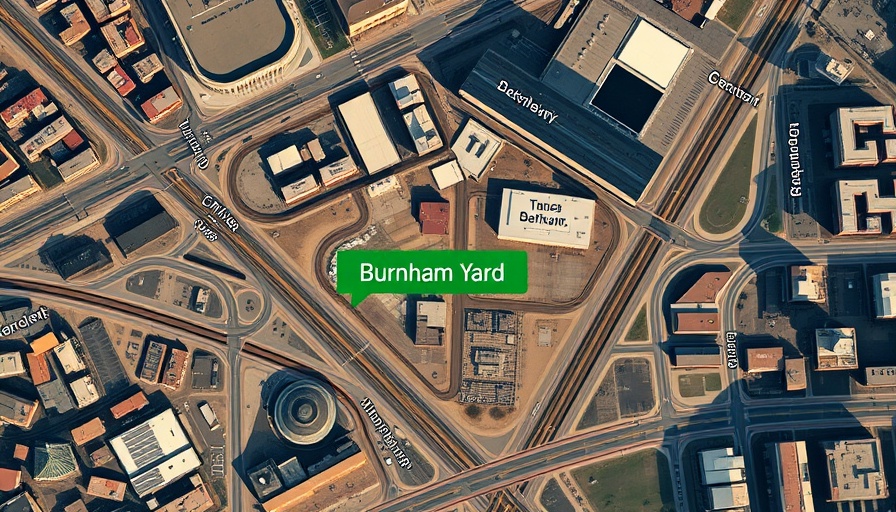 Aerial view of Burnham Yard in Denver cityscape, potential stadium site.
