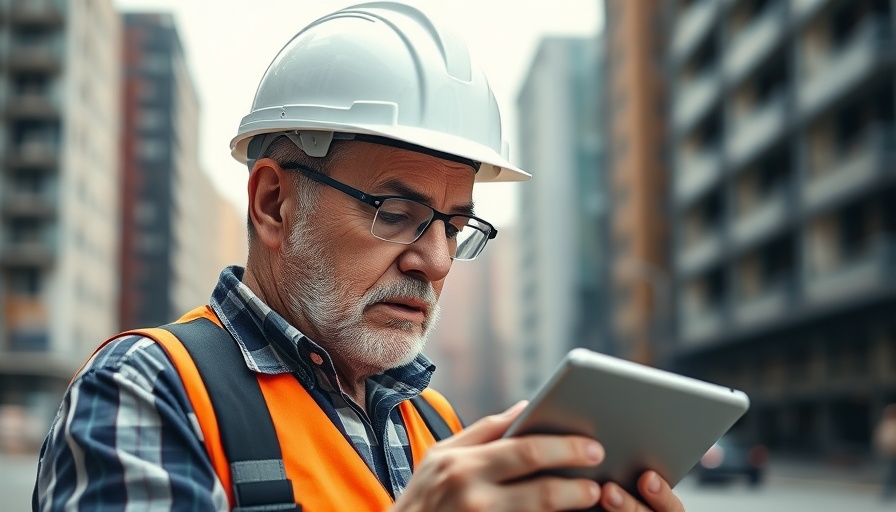 Elderly architect using a tablet on a construction site.