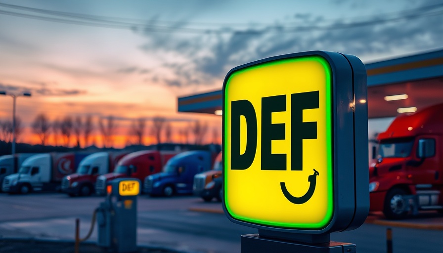 Vibrant DEF station sign at truck stop during dusk.