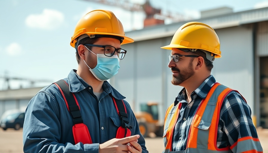 Construction worker wearing a mask and hard hat discussing at an industrial site, OSHA flexibility for respiratory protection.