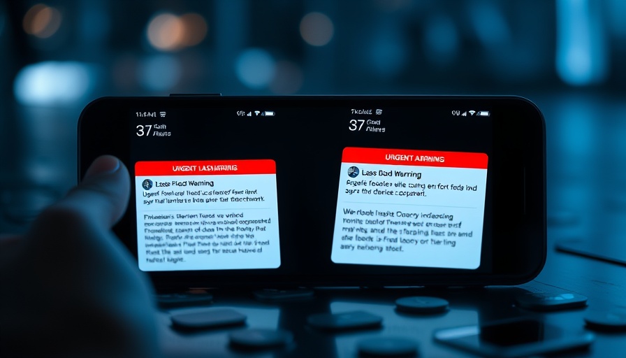 Smartphones with real-time severe weather alerts displaying flash flood notifications.