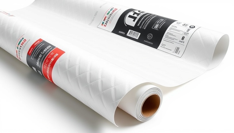 Detailed image of synthetic roofing underlayment roll with branding.
