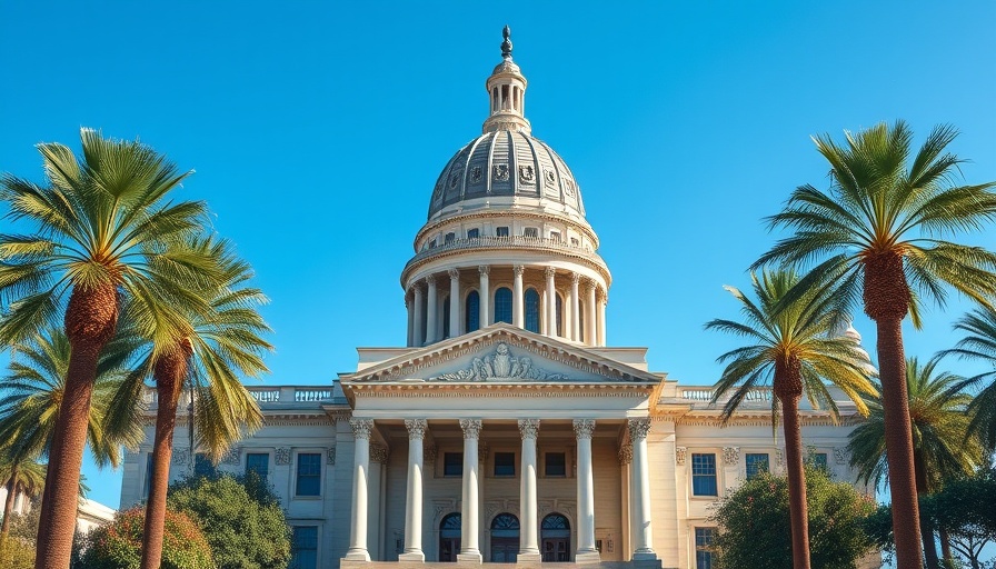 California state capitol building with palm trees symbolizing decarbonization.