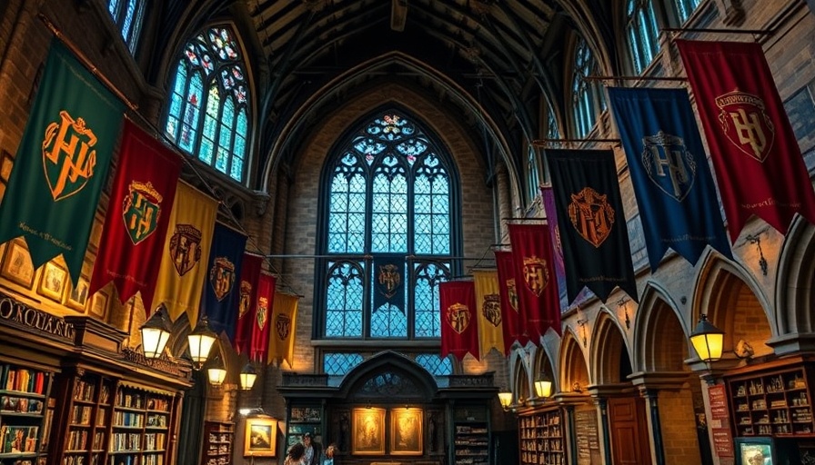Harry Potter exhibition in Dallas showcasing Hogwarts house banners.