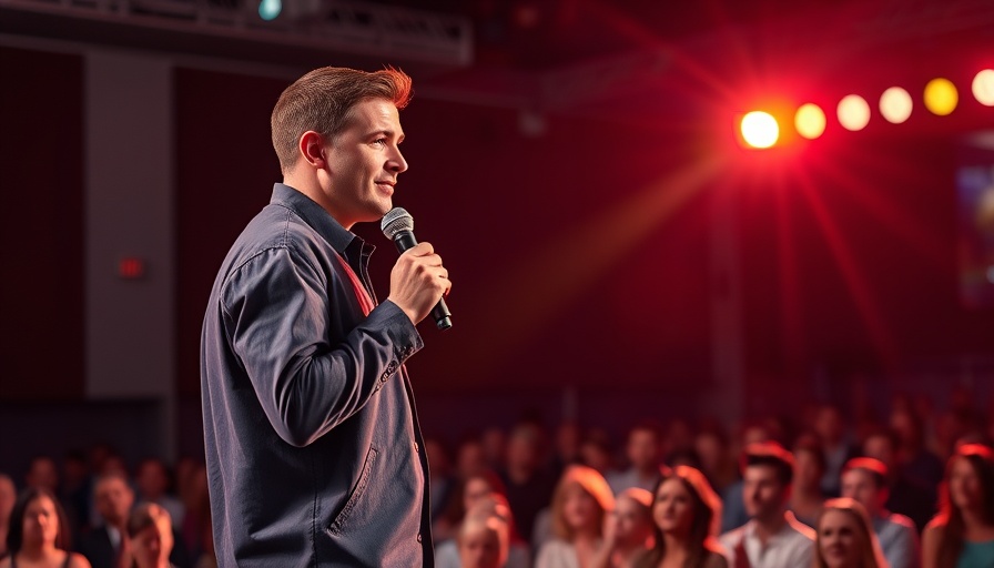 Young man on stage discussing Charlie Kirk's assassination news, spotlight.