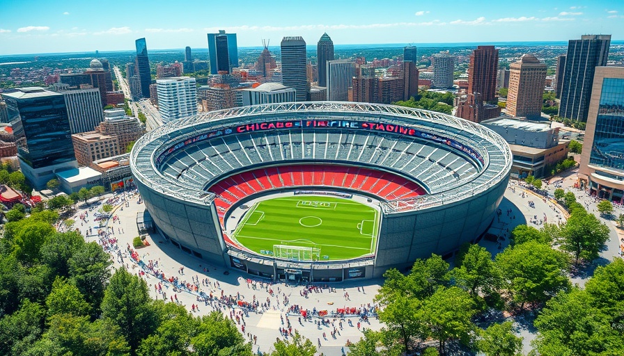 Chicago Fire stadium project in construction with city skyline.